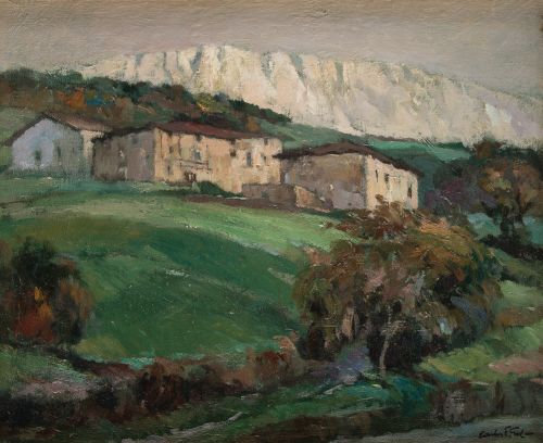 CARLOS E. GIL, "Paisaje con caserio", Óleo sobre lienzo