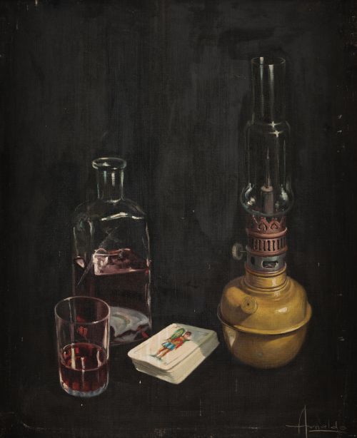 ARNALDO CURIA SANTOS, "Bodegón con quinqué y naipes", Óleo 