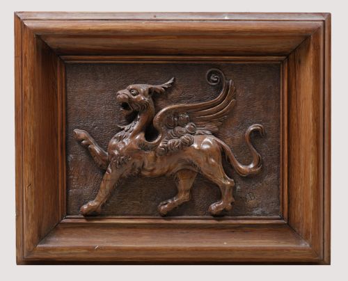 "Chimera", carved oak relief, Spain, mid-20th century