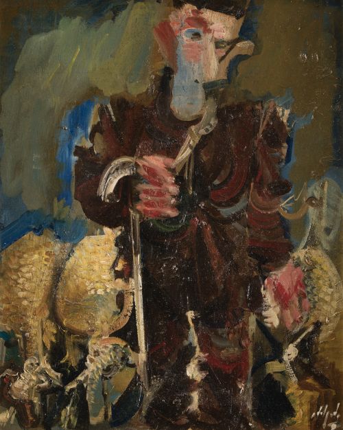 ÁLVARO DELGADO, "Pastor con ovejas", Óleo sobre tablex ente