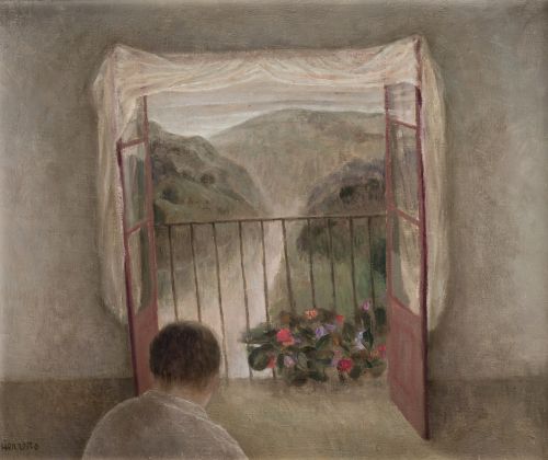 MARI PURI  HERRERO, "Hombre ante el balcón", Óleo sobre lie