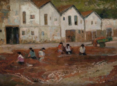 CARMELO GARCÍA BARRENA, "Tejiendo redes", 1972, Óleo sobre 