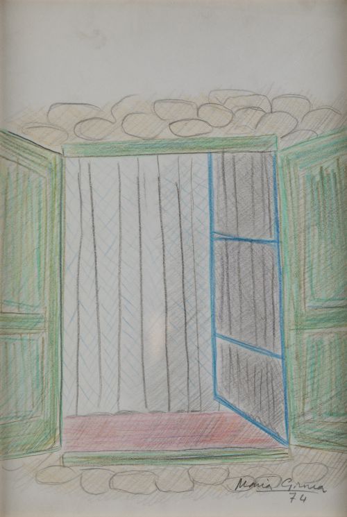 MARÍA  GIRONA, "Ventana", 1974, Lápices de colores sobre pa