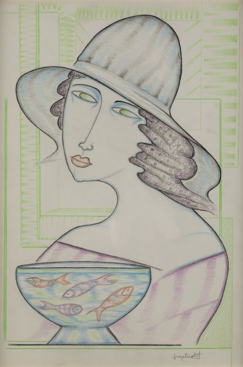JOAN BROTAT, "Mujer con sombrero y pecera", Lápices de colo