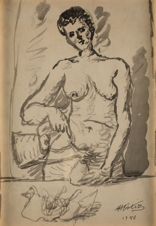 MANUEL  ÁNGELES ORTIZ, "Mujer regando", 1948, Aguada grisac