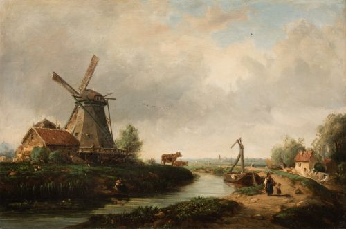 FRANCOIS ANTOINE LEON FLEURY, "Paisaje con molino", Óleo so