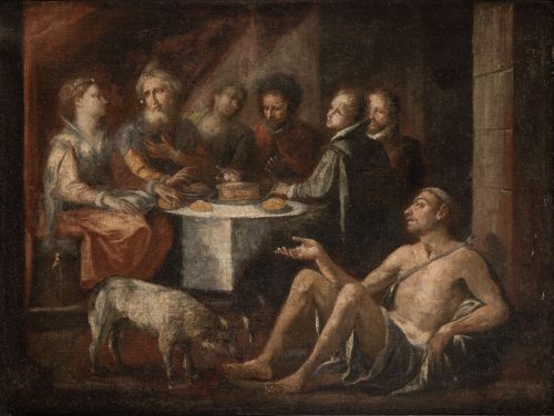 ESCUELA SEVILLANA, "La parábolo del rico Epulón", Óleo sobr