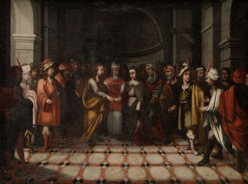 ESCUELA SEVILLANA , "Desposorios de la Virgen", Óleo sobre 