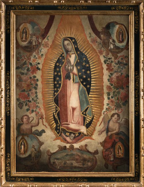 ESCUELA VIRREINAL , "Virgen de Guadalupe con orla de flores