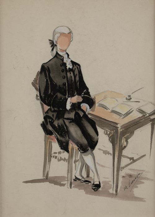 MANUEL COMBA Y SIGÜENZA, "Figurín de teatro", Grafito y acu