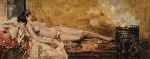ESCUELA ESPAÑOLA , "Bacante en reposo", Óleo sobre lienzo