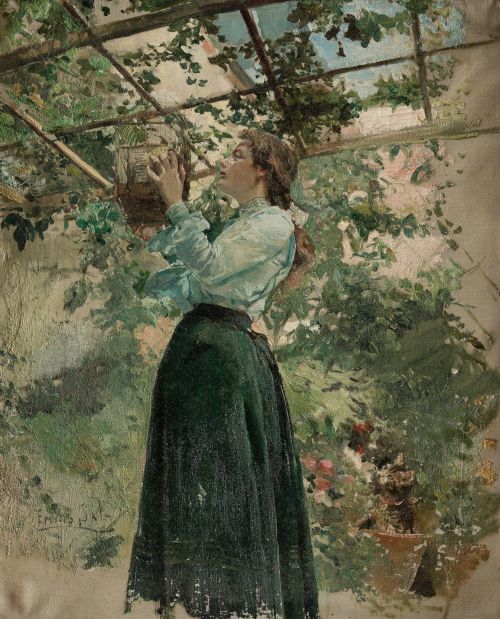 EMILIO SALA Y FRANCÉS, "Muchacha en un jardín con jaula", Ó
