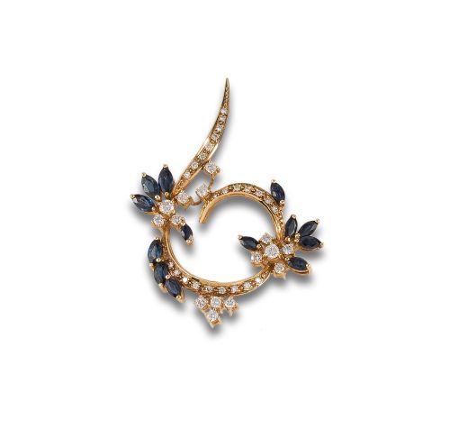 BROCHE DE ORO, ZAFIROS Y DIAMANTES.