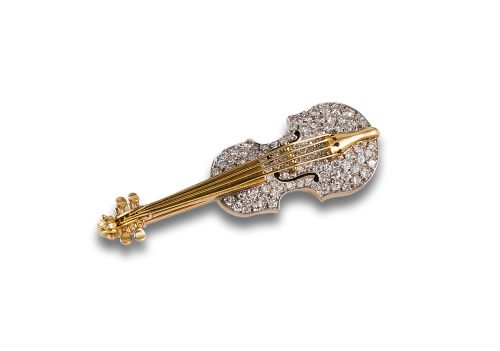 BROCHE VIOLÍN DE ORO BICOLOR Y DIAMANTES.