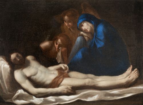  ESCUELA ITALIANA, "Llanto ante el cuerpo de Cristo", Óleo 