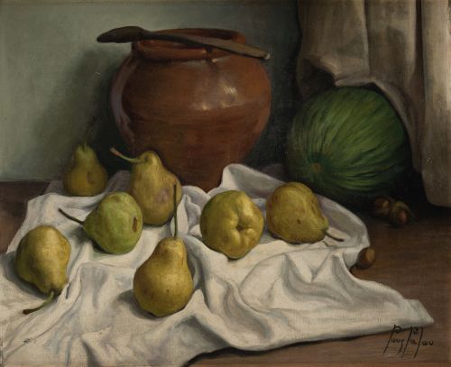 ANTONI POUS PALAU, "Bodegón de frutas y orza", Óleo sobre l