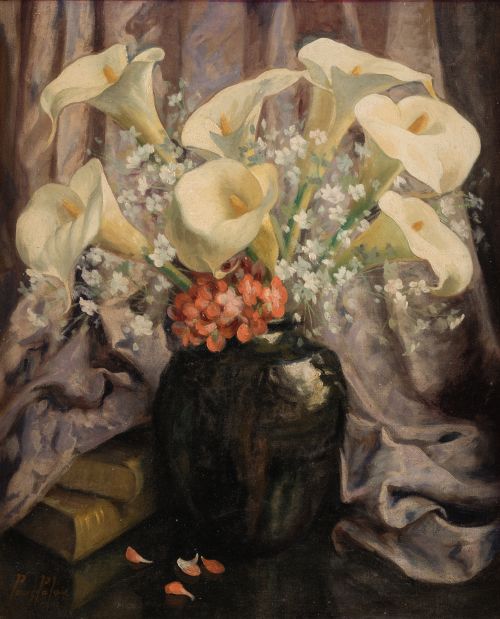 ANTONI POUS PALAU, "Jarrón con calas y hortensia", Óleo sob