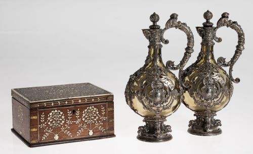 Caja india Hoshiarpur, de madera con incrustaciones de hues