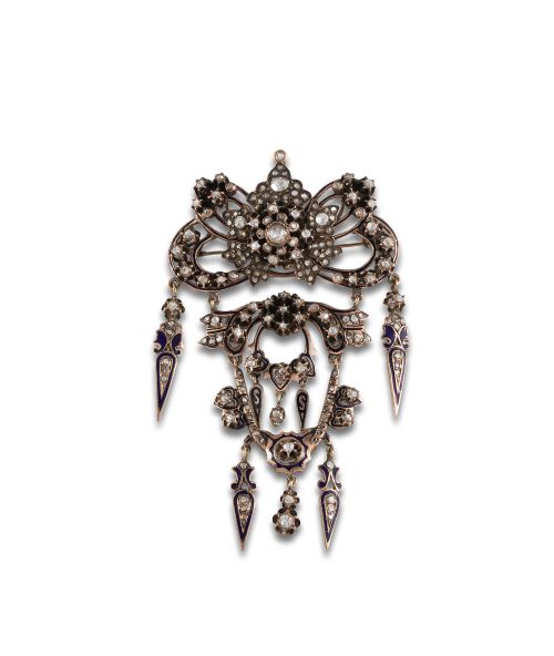 BROCHE DE ORO BAJO CON DIAMANTES Y ESMALTE 