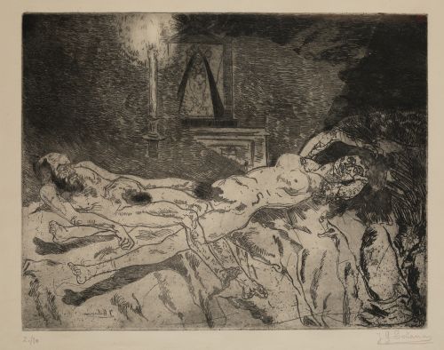 JOSÉ GUTIÉRREZ SOLANA, "Hombre y mujer desnudos", Grabado a