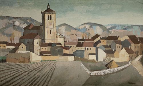 GABINO GAONA, "Paisaje de pueblo", Óleo sobre lienzo