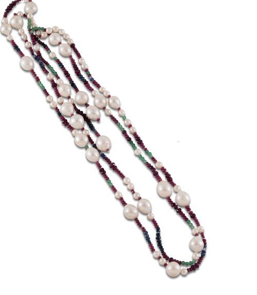 COLLAR CORBATA CON PERLAS, RUBIES, ZAFIROS Y ESMERALDAS