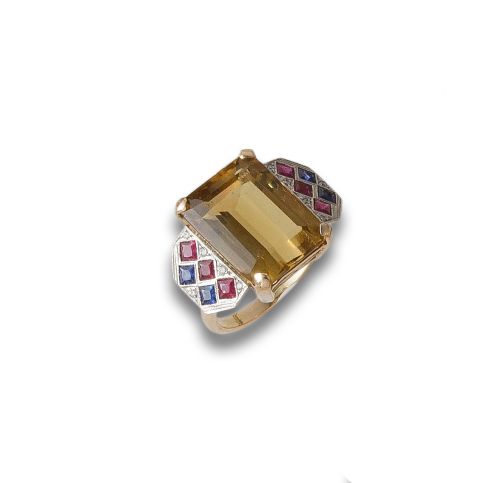 SORTIJA DE ORO, CITRINO, RUBIES Y ZAFIROS