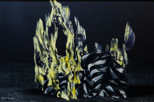 JOAQUÍN VAQUERO TURCIOS, "Bandera quemada", Óleo sobre lien