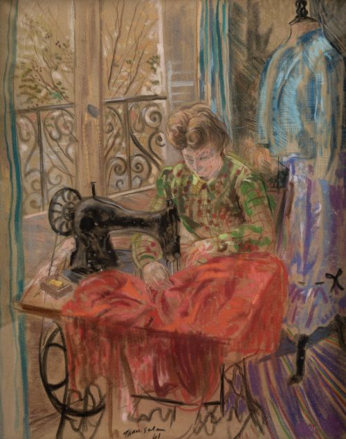 EMILIO GRAU SALA, "La costurera", 1941, Pastel sobre lienzo