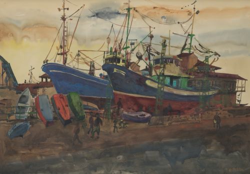 LUIS GARCÍA OCHOA, "Barcos varados", Watercolor on paper