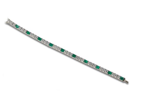 14K GOLD RIVIERE BRACELET WITH EMERALDS AND DIAMONDS