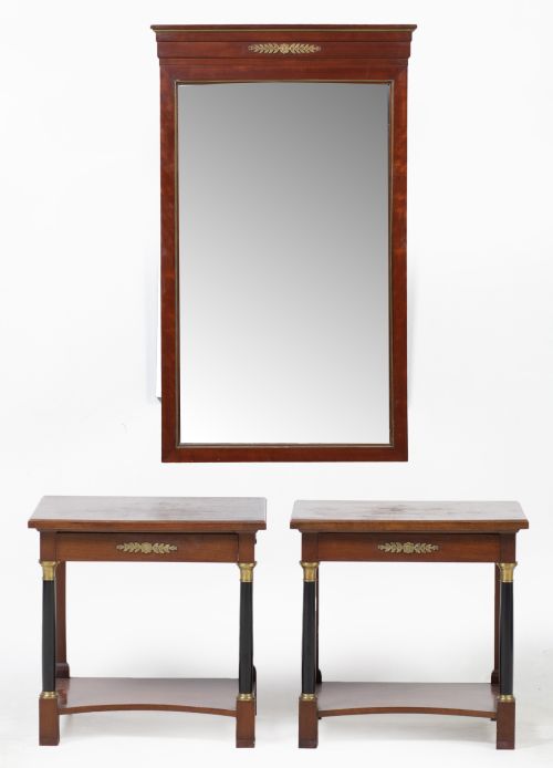 Pair of bedside tables and mirror, Empire style, 20th centu