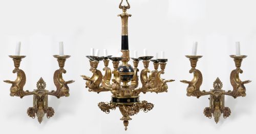 Lamp and two wall lights in the Empire style, 20th century