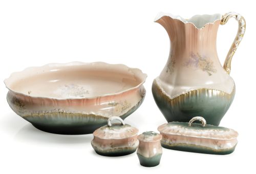 Ewer, washbasin and three pieces of toiletry set, possibly