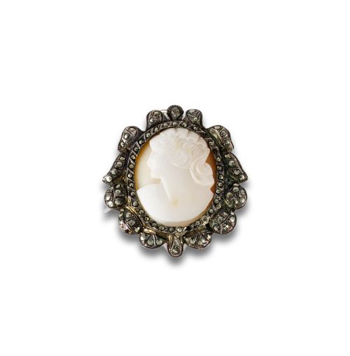 SILVER CAMEO, SHELL AND MARQUISITE FROM THE EARLY 20TH CENT