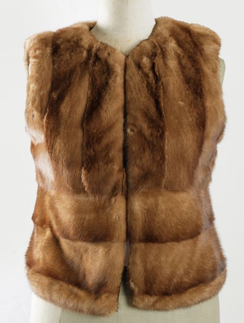 Cognac-colored mink fur vest with black canvas lining