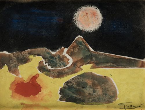 "Paisaje con luna", Watercolor on paper