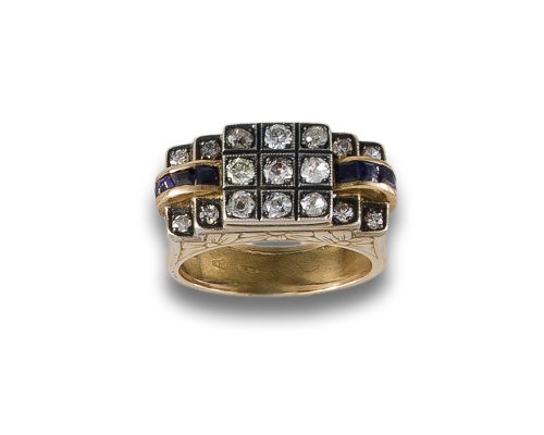 GOLD AND SILVER ACCENT RING WITH DIAMONDS AND SAPPHIRES