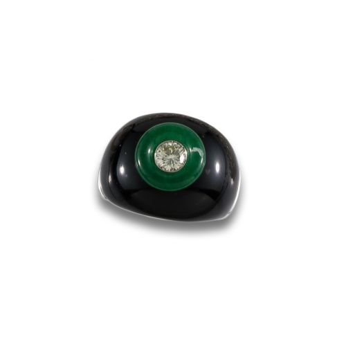 SORTIJA ANCHA DE ORO, ONIX, JADE Y DIAMANTE