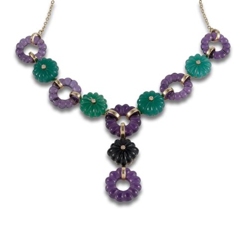 COLLAR DE ORO CON AROS DE AMATISTA Y CRISOPRASA Y DIAMANTES