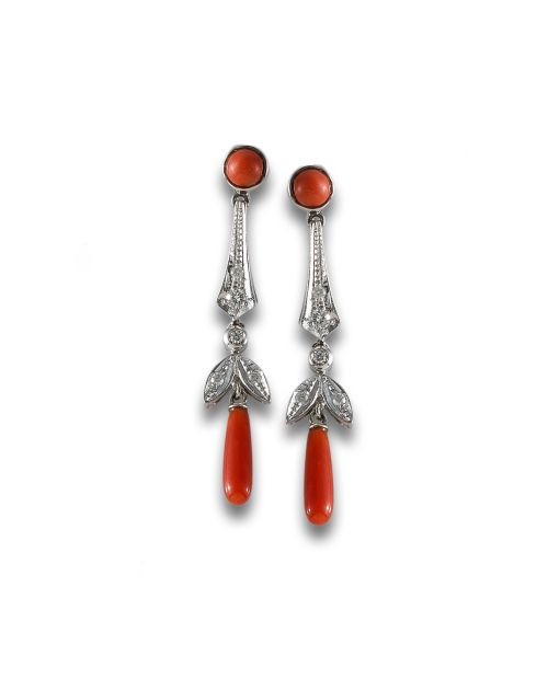 LONG GOLD EARRINGS WITH CORAL AND DIAMONDS