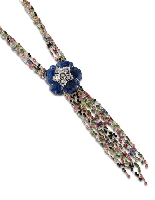 BEADED NECKLACE IN YELLOW GOLD AND LAPIS LAZULI FLOWER