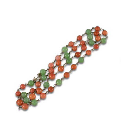 LONG GOLD NECKLACE WITH CORAL AND AVENTURINE BEADS