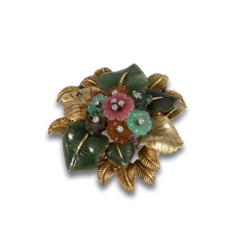 BROCHE FLOR DE ORO JADE Y DIAMANTES