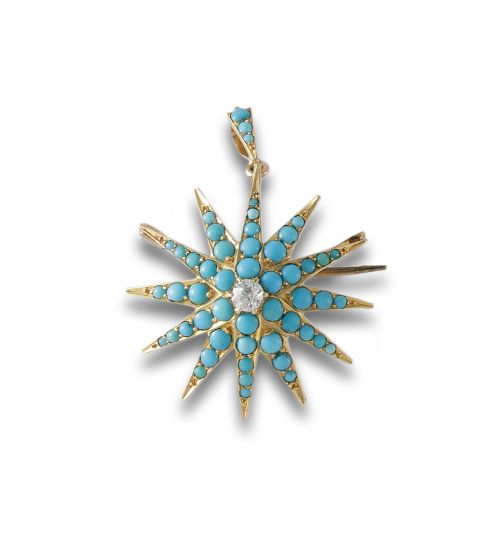 GOLD STAR BROOCH PENDANT WITH DIAMONDS AND TURQUOISES