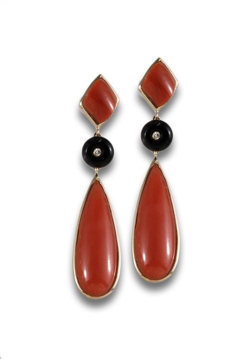 GOLD, CORAL, ONYX AND DIAMOND EARRINGS