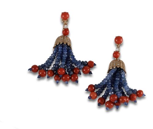 GOLD EARRINGS WITH SAPPHIRES, BEADS, AND CORAL