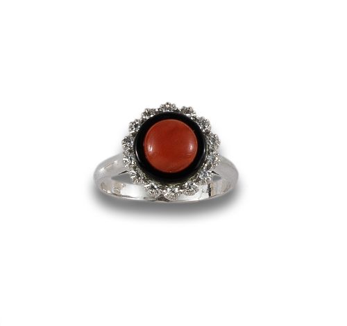 GOLD, CORAL, ONYX AND DIAMONDS RING