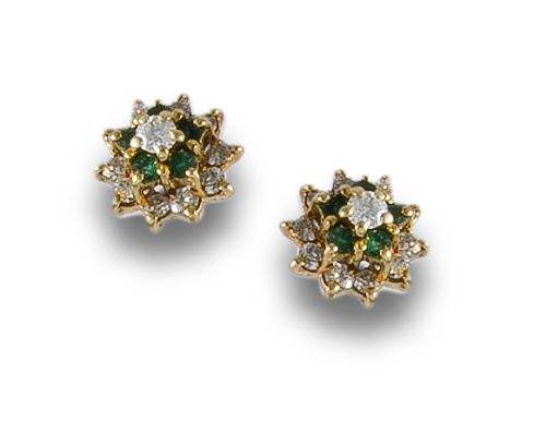 YELLOW GOLD ROSE EARRINGS WITH DIAMONDS AND EMERALDS
