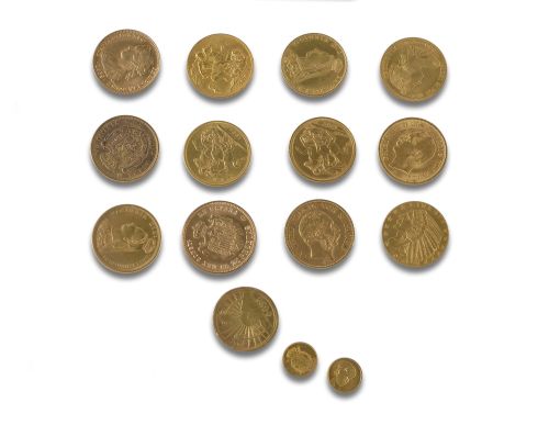 12 COMMEMORATIVE COINS AND 3 GOLD MEDALS OF 22K AND 18K